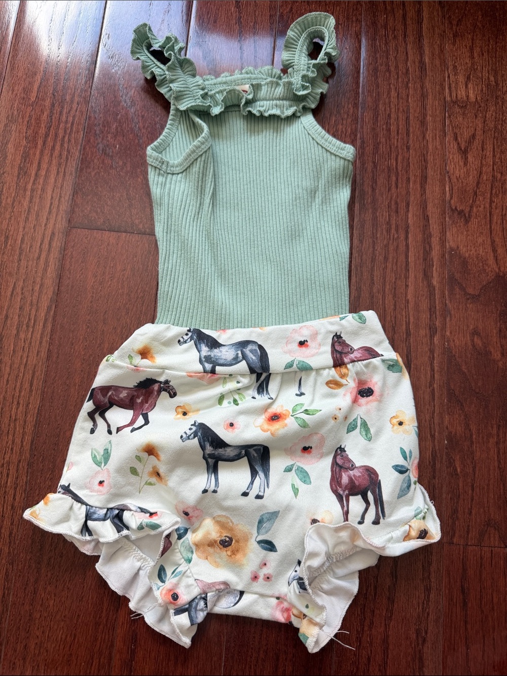 Kids Ruffled Mint Tank and Floral Horse Bloomers Set